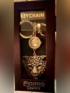 Figaro Couture Gold Tone Keychain Watch w/ Rhinestone Leopard Charm in box